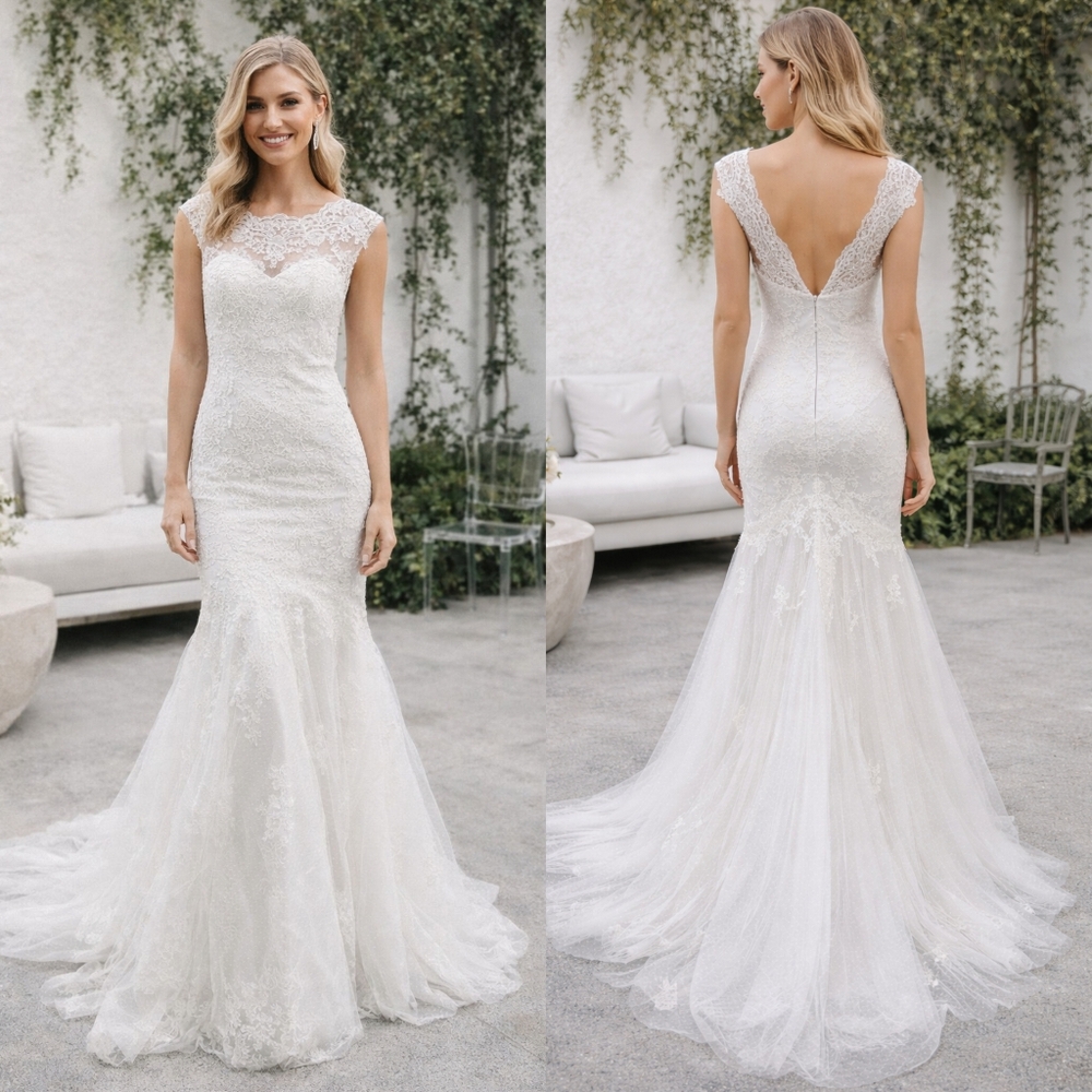 Fiesta White Lace & Swiss Dot Tulle Fit N Flare Illusion Wedding Dress sz XS
